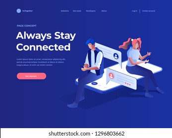 Virtual relationships, online dating and social networking concept - teenagers chatting on the Internet. Vector 3d isometric illustration. Landing page concept