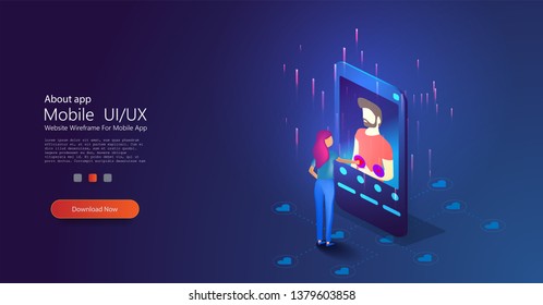 Virtual relationships, online dating and social networking concept. The girl likes a young handsome guy. Teenagers get acquainted on the Internet. Vector illustration. 