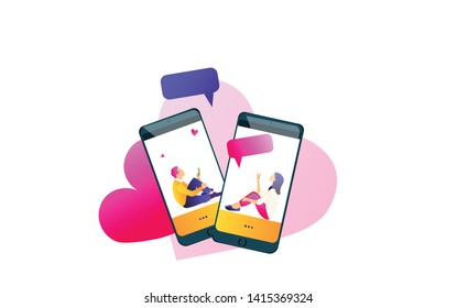 Virtual relationships, online dating or social networking concept.  Couple in love. Vector illustration, flat style. Online chat, messaging.