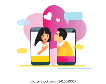 Virtual relationships, online dating or social networking concept.  Couple in love. Vector illustration, flat style. Online chat, messaging.