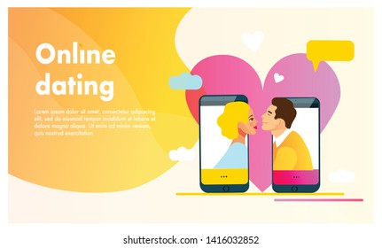 Virtual relationships, online dating or social networking concept. Love through internet. Couple in love, flirting people Vector illustration, flat style. 