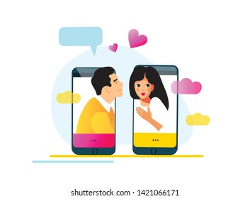 Virtual relationships, online dating or social networking concept. Love trough internet. Couple in love, flirting people Vector illustration, flat style. Online chat, messaging.