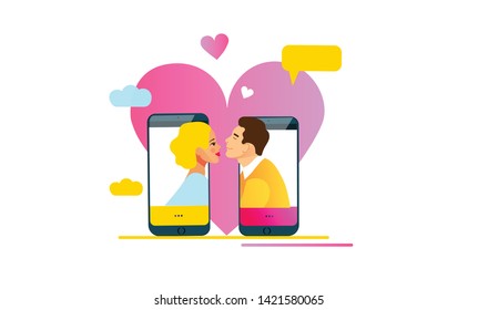 Virtual relationships, online dating or social networking concept. Love trough internet. Couple in love, flirting people Vector illustration, flat style. Online chat, messaging.