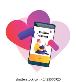 Virtual relationships, online dating or social networking concept. Love trough internet. Vector illustration, flat style. Online chat, messaging.