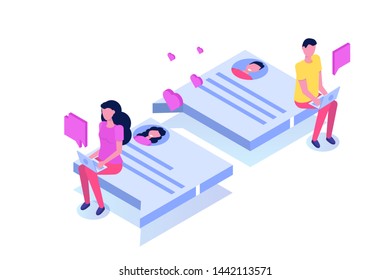 Virtual relationships, online dating, social networking concept. Vector isometric illustration.