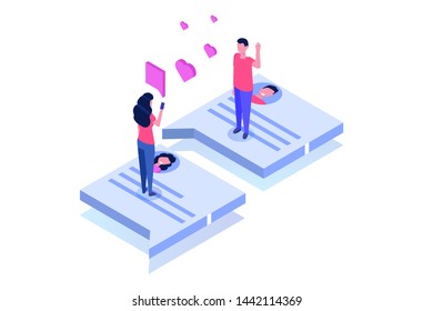 Virtual relationships, online dating, social networking concept. Vector isometric illustration.