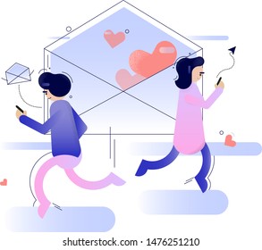 virtual relationships, online dating and social networking concept - teenagers chatting on the Internet. Vector illustration.