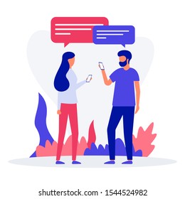Virtual relationships, online dating and social networking concept - teenagers chatting on the Internet. Vector flat isometric illustration. Landing page concept
