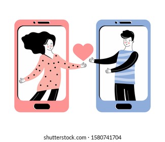 Virtual relationships, online dating and social networking concept. Man and woman chatting on the Internet. Romantic messages through the mobile Dating app. Love message. Heart for Valentine's day.