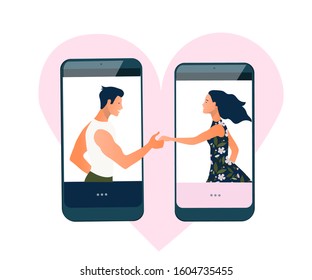 Virtual relationships, online dating or social networking concept. Love trough internet. Couple in love, flirting people Vector illustration, flat style. Online chat, messaging.