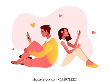 Virtual relationships and online dating and social networking concept during lockdown. Couple sitting back to back with smartphones. Vector illustration, flat style.