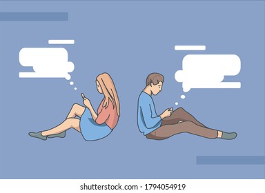 Virtual relationships and online dating and social networking concept during lockdown. Couple sitting back to back with smartphones. Vector illustration.