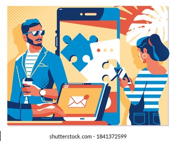 Virtual relationships, online dating and social networking concept.Flat vector illustration
