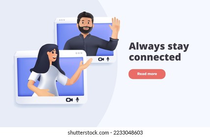 Virtual relationships, online dating and social networking 3D render concept illustration teenagers chatting on the Internet. Vector 3d illustration. Landing page concept