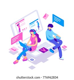 virtual relationships, online dating and social networking concept - teenagers chatting on the Internet. Vector 3d isometric illustration.