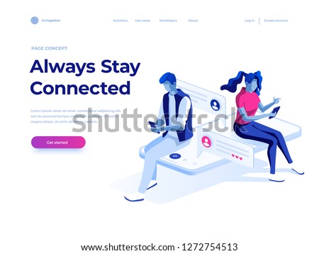 Virtual relationships, online dating and social networking concept - teenagers chatting on the Internet. Vector 3d isometric illustration. Landing page concept