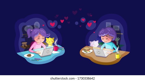 Virtual relationships. Young couple on an online chat, referring to long distance love, relationship or online dating. Valentines day card. Boyfriend and girlfriend in love. Love through internet.