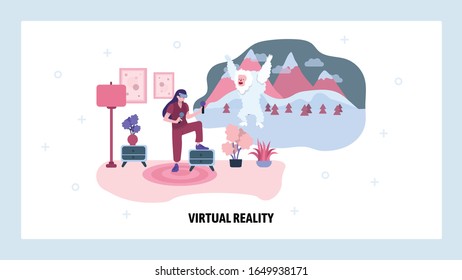 Virtual relity game. VR goggles and videogame console. Augmented reality technology. Vector web site design template. Landing page website concept illustration