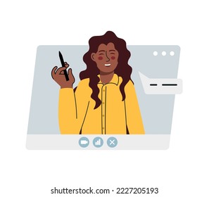 Virtual remote work. Window with a girl office colleague. Online remote video conference call. . Vector illustration is flat isolated on a white 