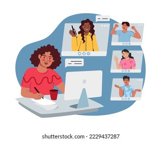 Virtual remote work. Windows with office colleagues. Online remote video conference call. Video conference. Vector illustration is flat isolated on a white 
