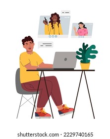 Virtual remote work. Windows with office colleagues. Online remote video conference call. Video conference. Vector illustration is flat isolated on a white 