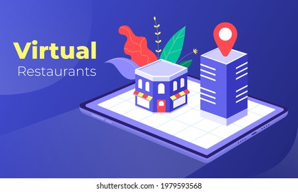 Virtual Restaurants Horizontal Banner With Dark Kitchen Food Delivery Located Near City Shopping Centers. Modern Solutions To Pressing Problems, Caused By The Covid-19 Pandemic. And Dark Kitchen.