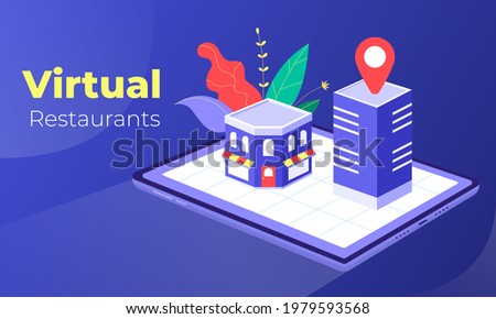 Virtual restaurants horizontal banner with dark kitchen food delivery located near city shopping centers. Modern solutions to pressing problems, caused by the covid-19 pandemic. and dark kitchen.