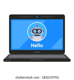 virtueller Roboterassistent auf einem Laptop-Monitor. flache Vektorgrafik.