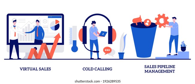 Virtual Sales, Cold Calling, Sales Pipeline Management Concept With Tiny People. Sales Management Team Vector Illustration Set. Call Center, CRM Lead Conversion, Telemarketing Script Metaphor.