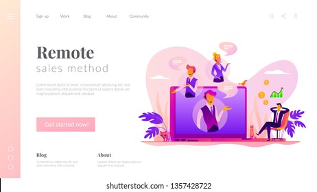 Virtual Sales, Remote Sales Method, Virtual Sales Team And Assistants Concept. Website Homepage Interface UI Template. Landing Web Page With Infographic Concept Hero Header Image.