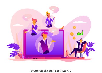 Virtual Sales, Remote Sales Method, Virtual Sales Team And Assistants Working Remotely Concept. Vector Isolated Concept Illustration With Tiny People And Floral Elements. Hero Image For Website.