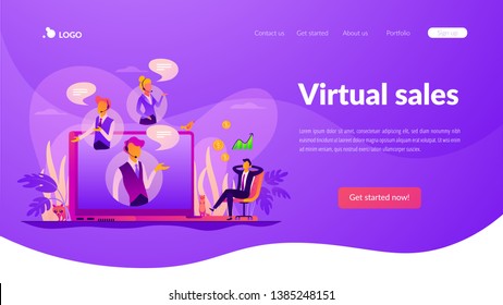 Virtual Sales, Remote Sales Method, Virtual Sales Team And Assistants Concept. Website Homepage Interface UI Template. Landing Web Page With Infographic Concept Hero Header Image.