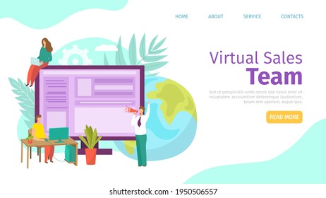 Virtual Sales Team Concept, Web Page, Vector Illustration. Business People Character Design Online App For Flat Marketing, Landing Banner.