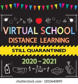 Virtual School 2020-2021 Banner. Still Quarantined, Distance Learning Concept. Education During A Covid-19 Pandemic. Black Chalkboard Sign Printable. Back To School Vector Lettering. 