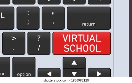 Virtual school special button. Laptop keyboard conceptual illustration - remote learning in pandemic.