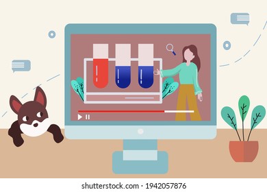 virtual science class on desktop with laboratory glassware, teacher, and dog. Online education concept isolated flat vector