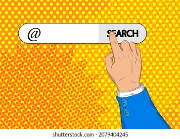 Virtual search bar mit At sign, email, mail Internet symbol. Geschäftsmann, der seinen rechten Zeigefinger drückt, um ein Suchsymbol zu berühren.
