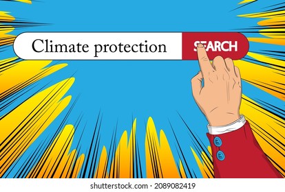 Virtual search bar with the text Climate protection. Businessman pushing his right hand index finger to touch a search icon.