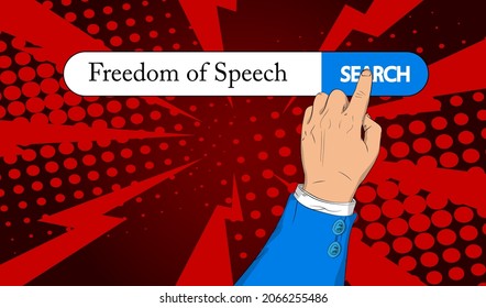Barra de búsqueda virtual con el texto Libertad de expresión. Empresario empujando su dedo índice de la mano derecha para tocar un icono de búsqueda.
