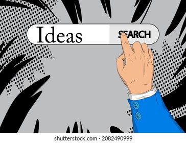 Virtual search bar with the text Ideas. Businessman pushing his right hand index finger to touch a search icon. Idea, success, growth, creativity concept.