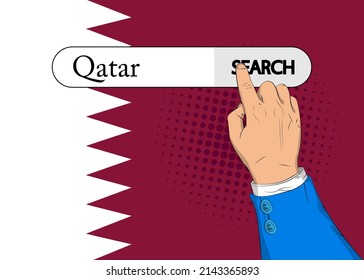 Virtual search bar with the text Qatar. Businessman pushing his right hand index finger to touch a search icon.