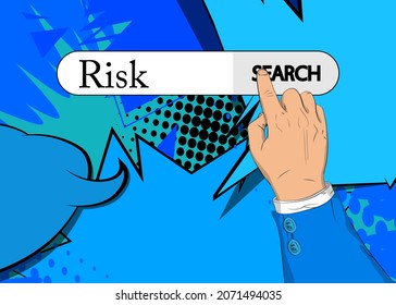 Virtuelle Suchleiste mit dem Text Risiko. Geschäftsmann, der seinen rechten Zeigefinger drückt, um ein Suchsymbol zu berühren.