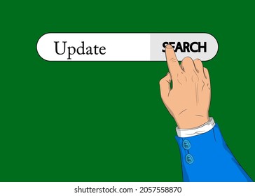 Virtual search bar with the text Update. Businessman pushing his right hand index finger to touch a search icon.