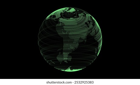 Virtual security green planet Earth managing ai. Abstract network connection on digital background. Vector technology processing data in galaxy. Futuristic 3D wireframe sphere. Globe polygon.