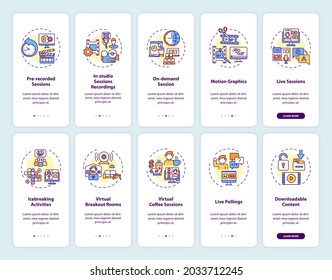 Virtual Sessions Onboarding Mobile App Page Screen With Concepts Set. Team Building Activities Walkthrough 5 Steps Graphic Instructions. UI, UX, GUI Vector Template With Linear Color Illustrations