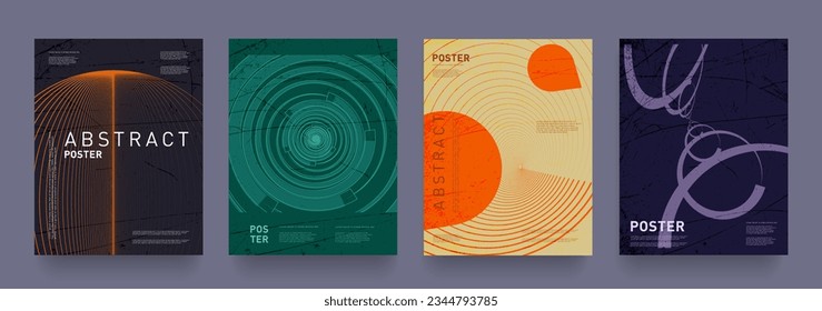 Virtual Set Abstract Circle Line in Green, Orange, Beige, Purple Colors. Trendy Collection in 80s-90s for Promo, Banner, Poster, Card, Cover. 3d Technology Illustration in Twist Cyber Concept.