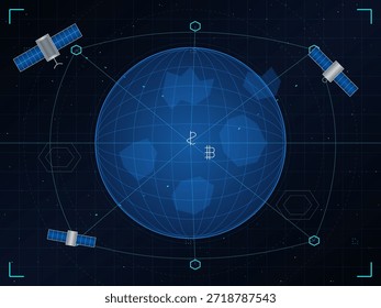 Em um cenário virtual, os satélites orbitam acima de uma representação digital da Terra. Os usuários interagem com elementos gráficos que mostram símbolos de moeda e conexões de rede.