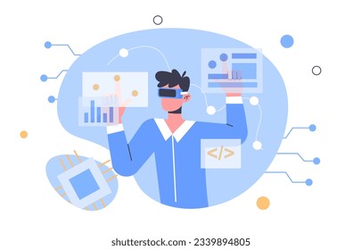 Virtual settings of metaverse concept. Man in vr glasses with statistics and infographics. Metaverse and cyberspace. Augmented reality, young guy with ar. Cartoon flat vector illustration