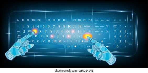 virtual shiny computer pc keyboard or keypad with two abstract hand pointer on blue background.dialing