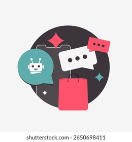 O assistente de compras virtual dá suporte a compradores de comércio eletrônico oferecendo orientação de compras de IA e ajuda personalizada. O assistente de compras virtual melhora a experiência do cliente nas lojas online ilustração
